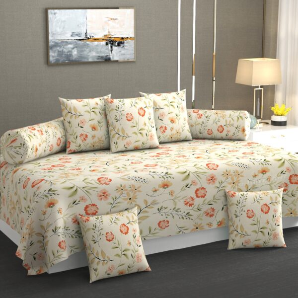 Amrange Soft Cotton Feel Diwan Set With 8 Pieces, 1 Single Bed Sheet Size 90” X 60” Inch With 5 Cushion Covers Size 16” X 16” Inch With Zipper And 2 Bolster Covers